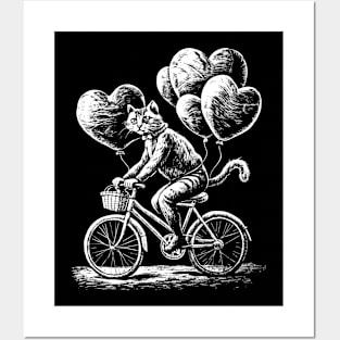 A cat on a bicycle with balloons in the form of hearts Posters and Art